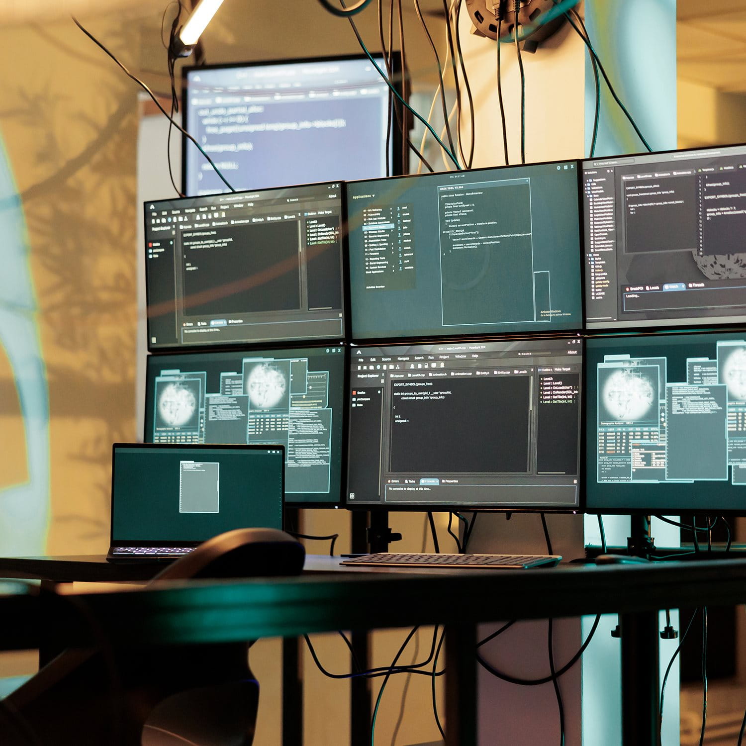 Workstation with multiple monitors displaying code and technical analyses in a modern IT environment.