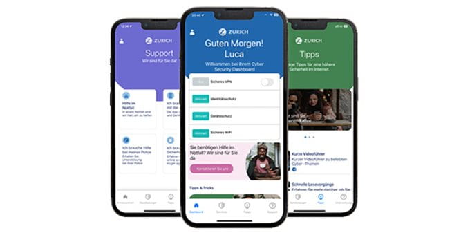 Tre mockup di smartphone che mostrano sezioni dell'app Cyber Tre mockup di smartphone che mostrano sezioni dell'app Cyber