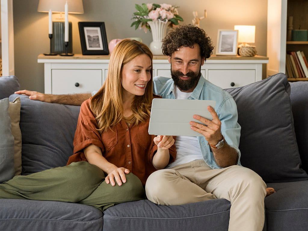 A couple sitting together on a sofa in a cozy living room looking at a tablet.