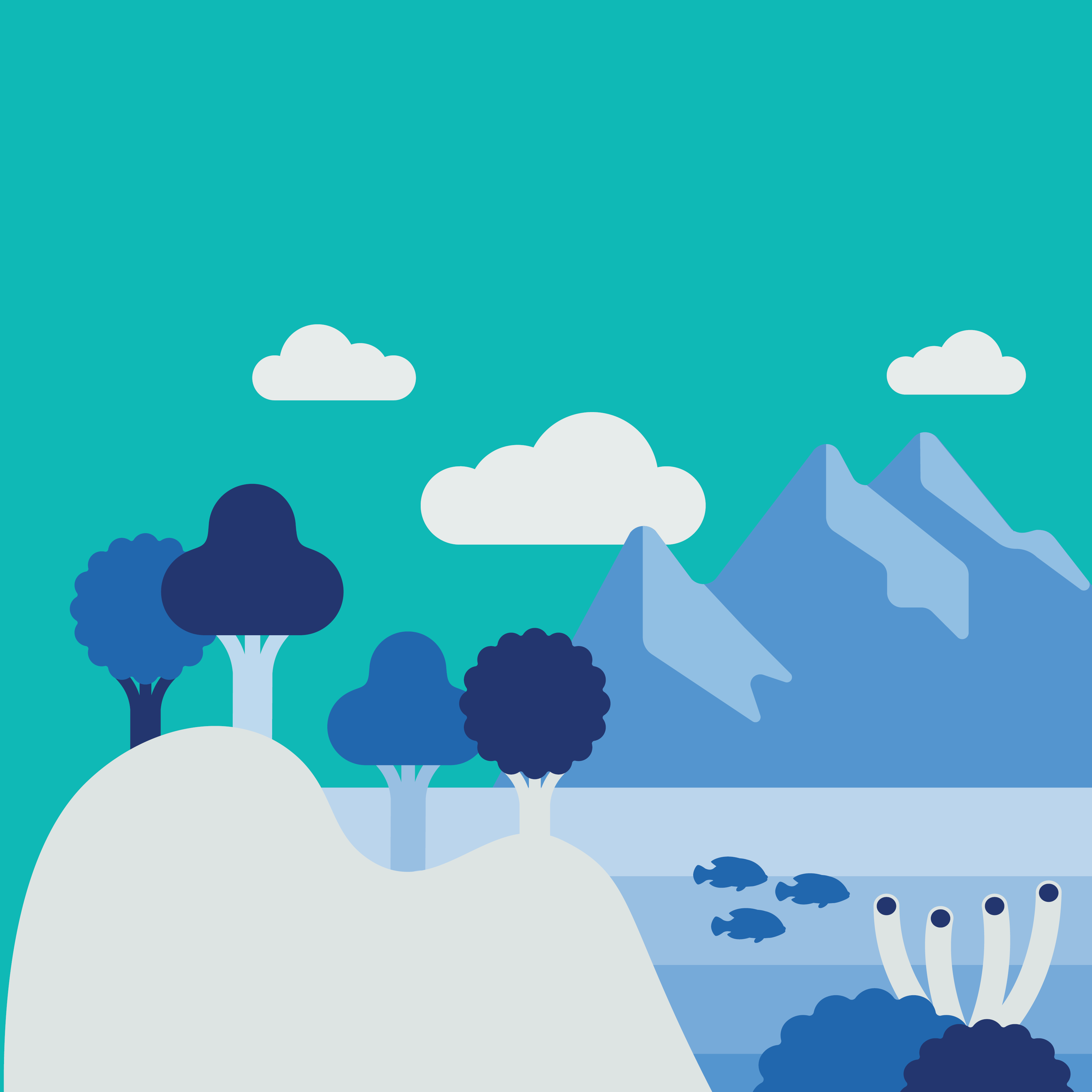 Ein stilisierte Landschaft mit Bäumen, Fischen und Bergen unter einem blauen Himmel.