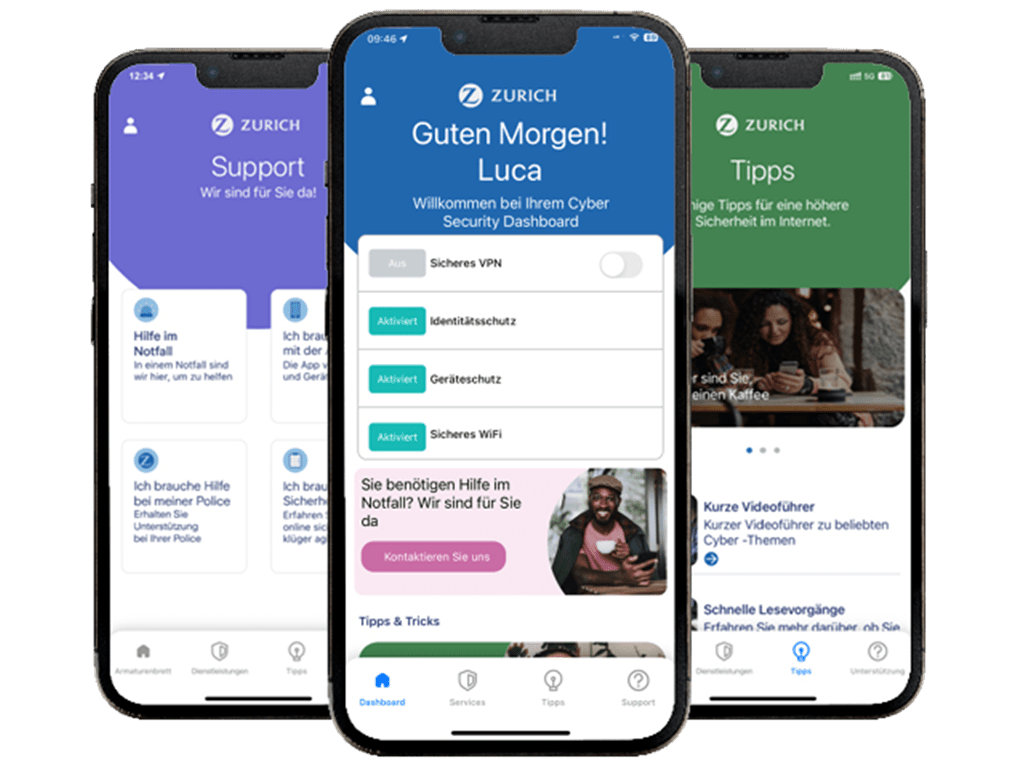 L'application de cyberprotection est présentée sur 3 iPhones.