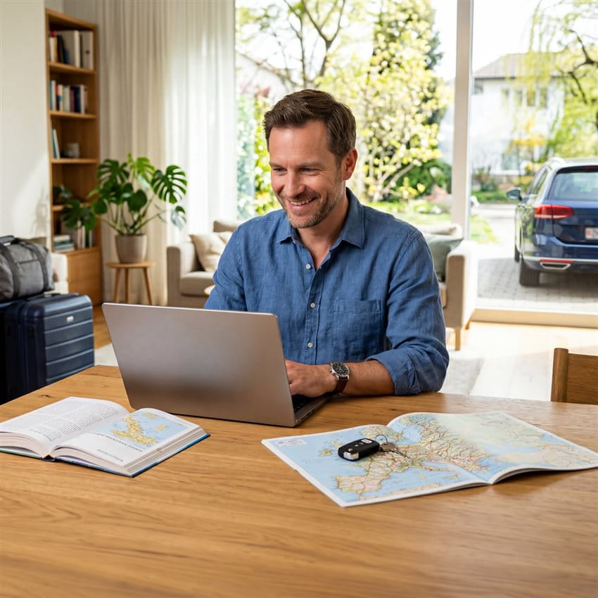 Un homme est assis à une table avec un ordinateur portable et des cartes. À l'arrière-plan, il y a des plantes et une voiture. Un homme est assis à une table avec un ordinateur portable et des cartes. À l'arrière-plan, il y a des plantes et une voiture.