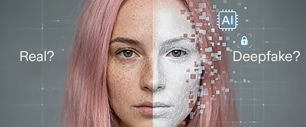 Una persona con capelli rosa, che mostra una metà del volto reale e una metà artificiale e astratta.