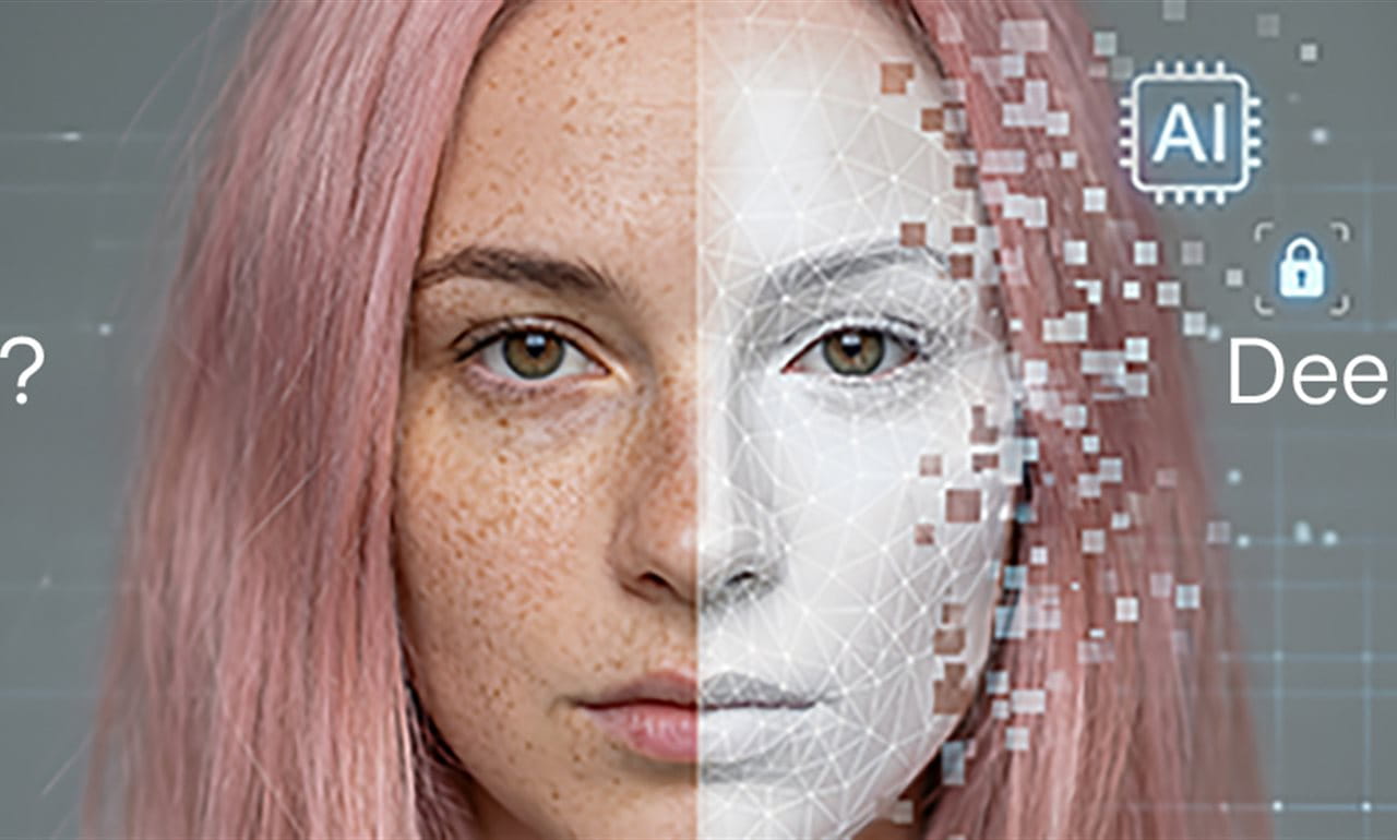 Una persona con capelli rosa, che mostra una metà del volto reale e una metà artificiale e astratta. Una persona con capelli rosa, che mostra una metà del volto reale e una metà artificiale e astratta.