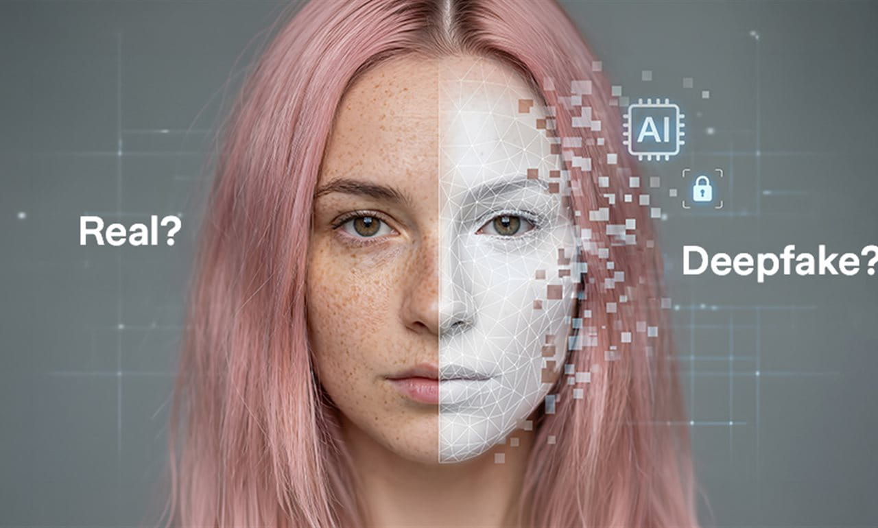 A person with pink hair showing one half of a real face and one half of an abstract, artificial face. A person with pink hair showing one half of a real face and one half of an abstract, artificial face.