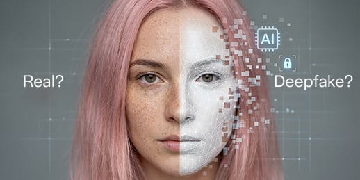 Un visage avec des cheveux roses, moitié réel et moitié numérique, avec le texte : 