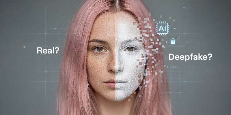 Ein Gesicht mit rosa Haaren, geteilt in zwei Hälften, beschriftet mit 