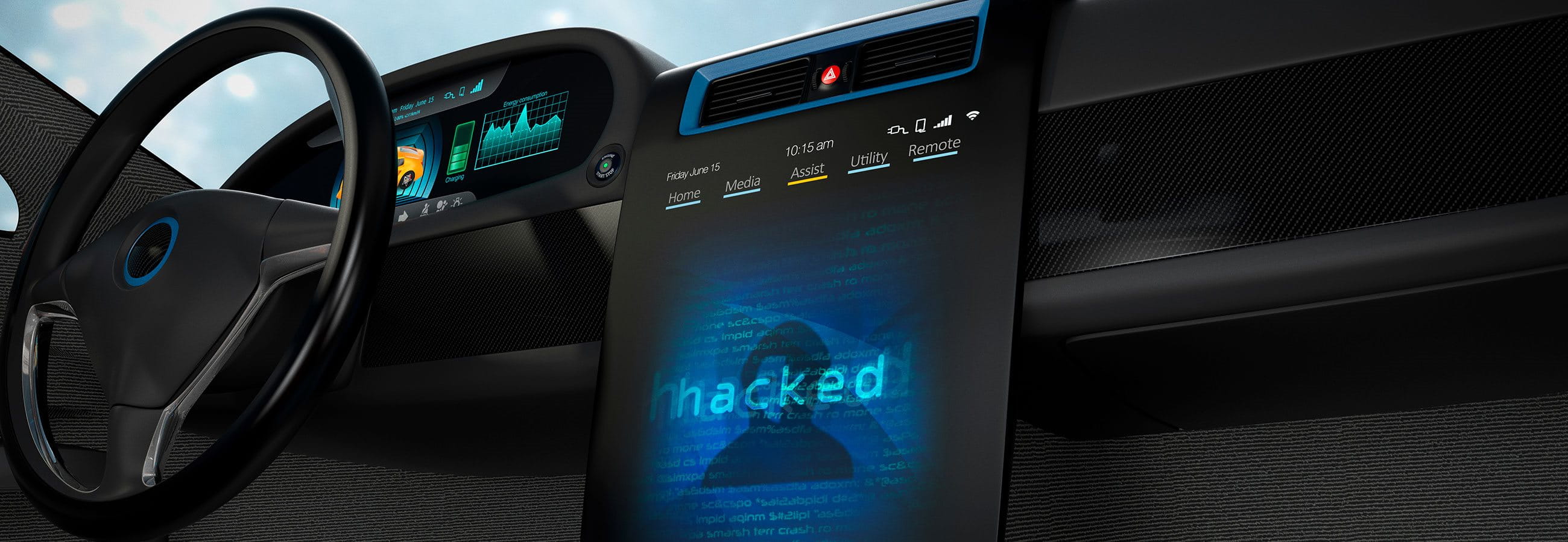 Digitales Armaturenbrett im Auto mit Warnung „hacked“ – Cyberangriff auf Fahrzeugtechnologie sichtbar