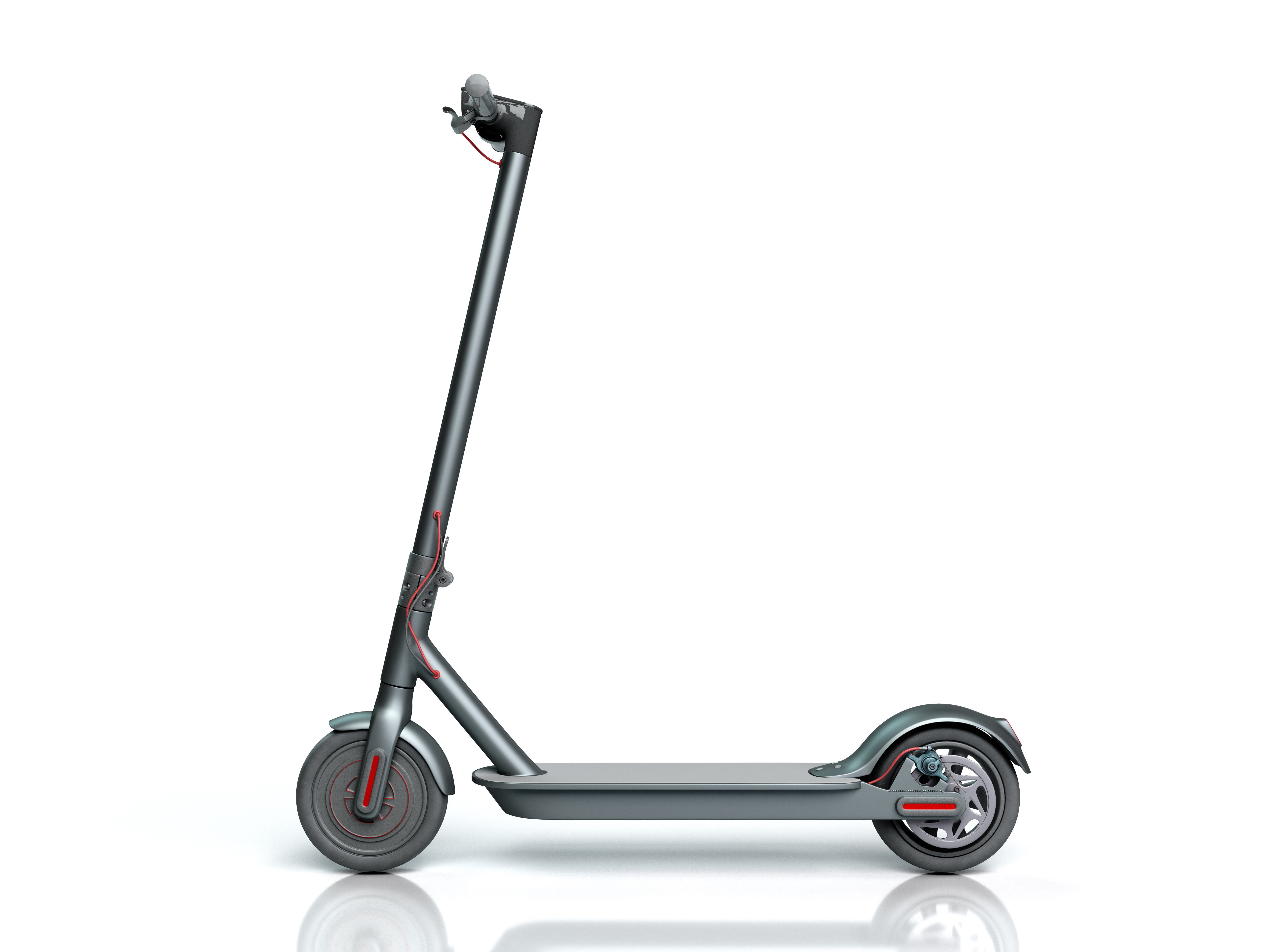 A black electric scooter with red accents, against a white background.