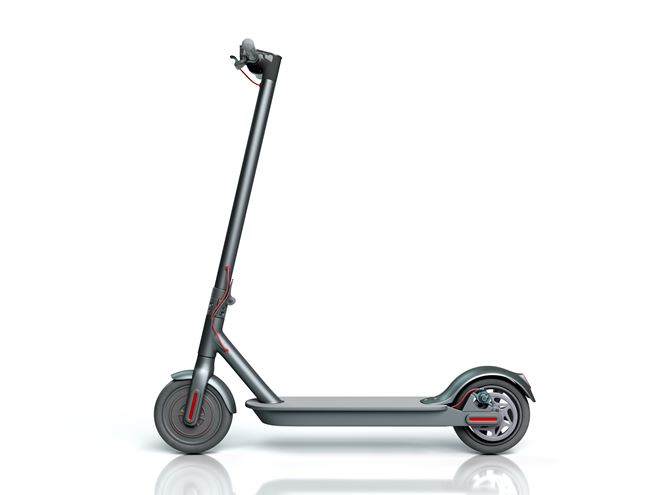 A black electric scooter with red accents, against a white background.