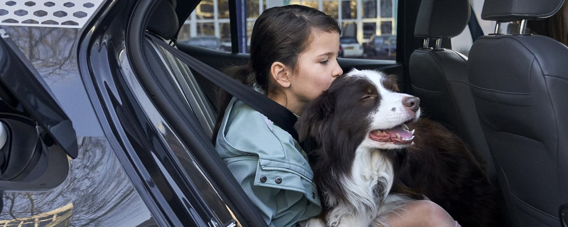 Une fille câline un chien dans la voiture Une fille câline un chien dans la voiture