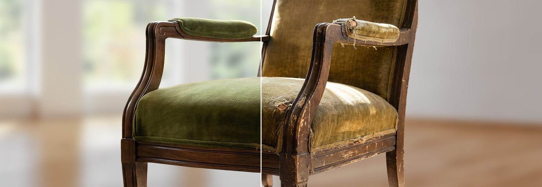 Una sedia antica restaurata da un lato, ma non dall'altro.
