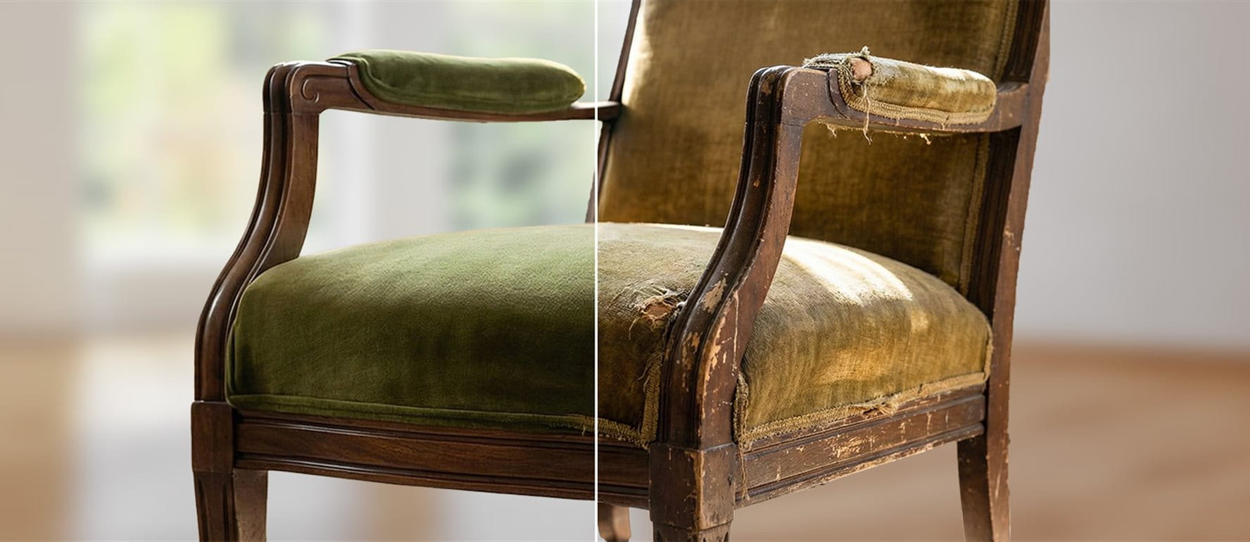 An antique chair that has been restored on one side but not on the other. An antique chair that has been restored on one side but not on the other.