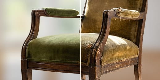 An antique chair that has been restored on one side but not on the other. An antique chair that has been restored on one side but not on the other.