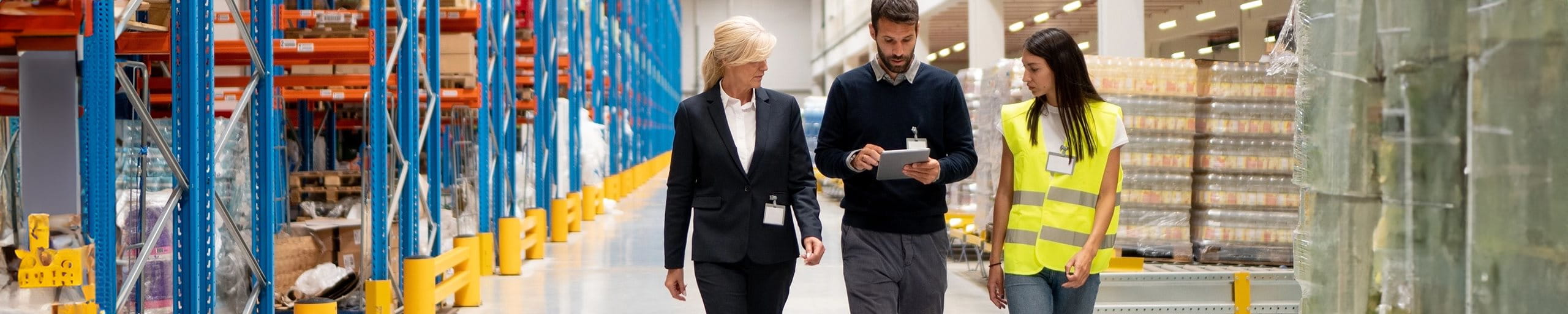 Trois personnes parcourent un entrepôt avec une liste de contrôle