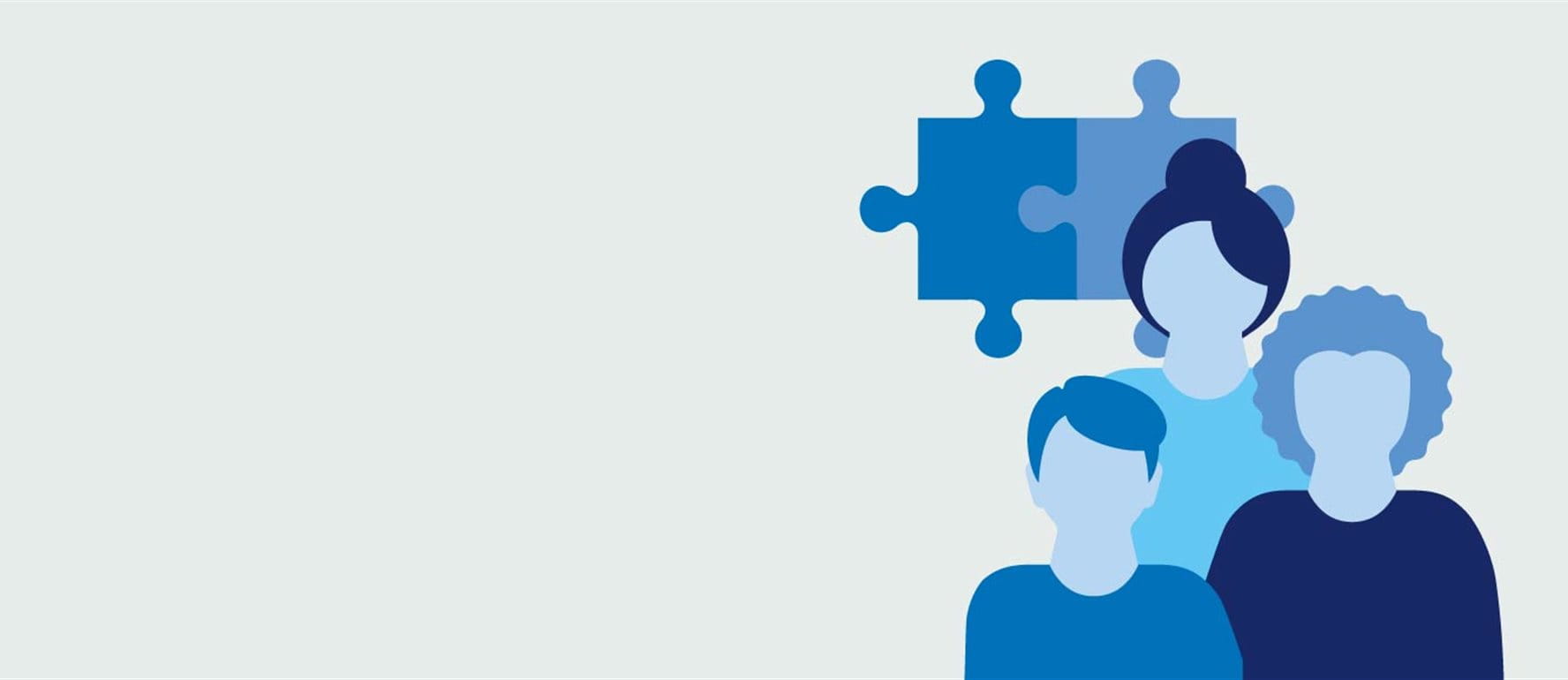 Illustrazione 3 persone davanti a pezzi di puzzle Illustrazione 3 persone davanti a pezzi di puzzle