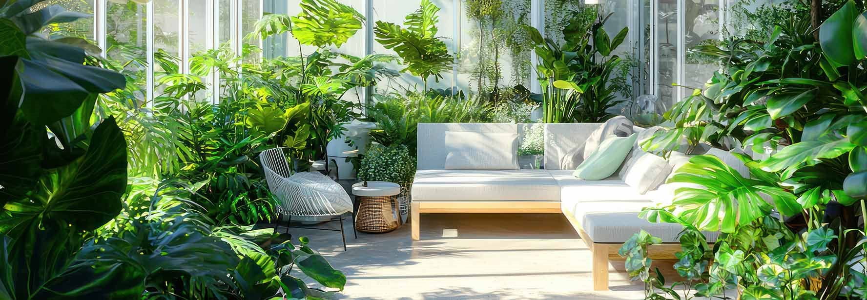 Pergola salon confortable avec des plantes vertes