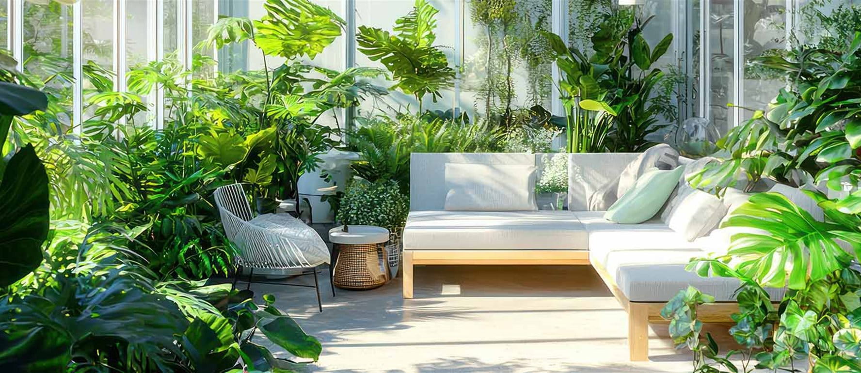 Pergola salon confortable avec des plantes vertes Pergola salon confortable avec des plantes vertes