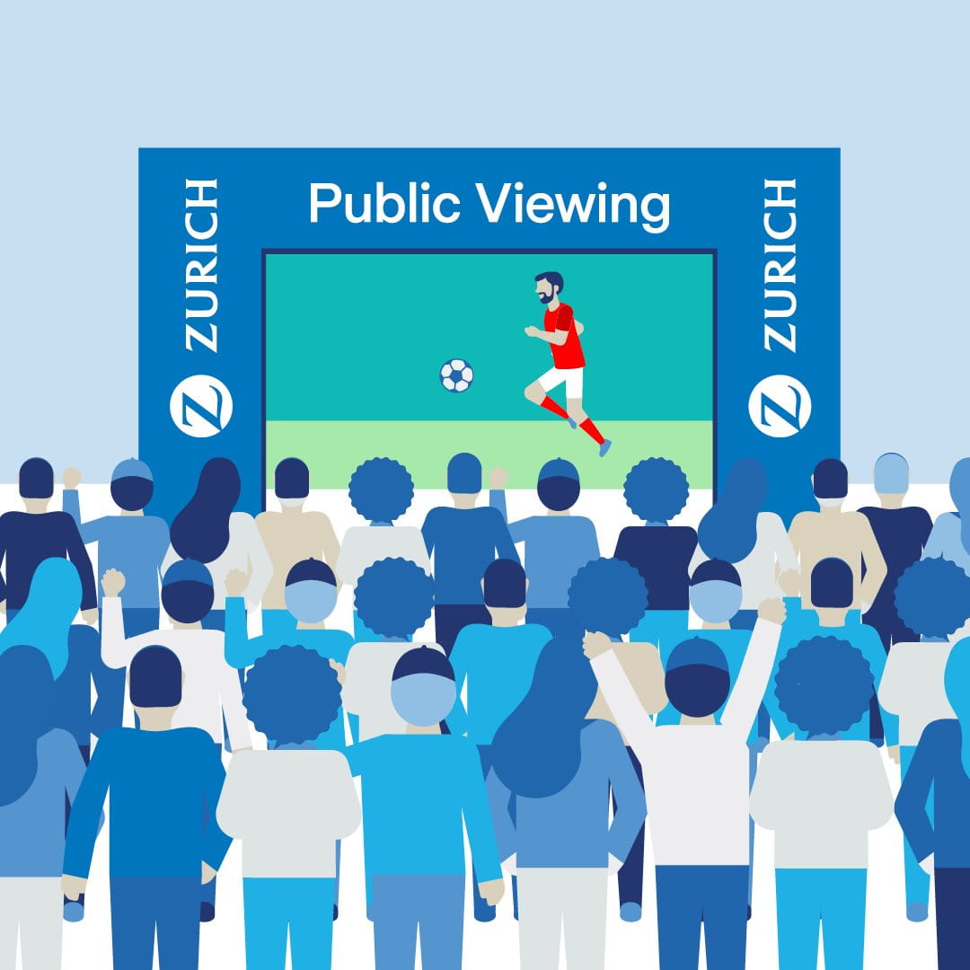 A large crowd watches a soccer match on a big screen labeled 'Public Viewing' in Zurich.