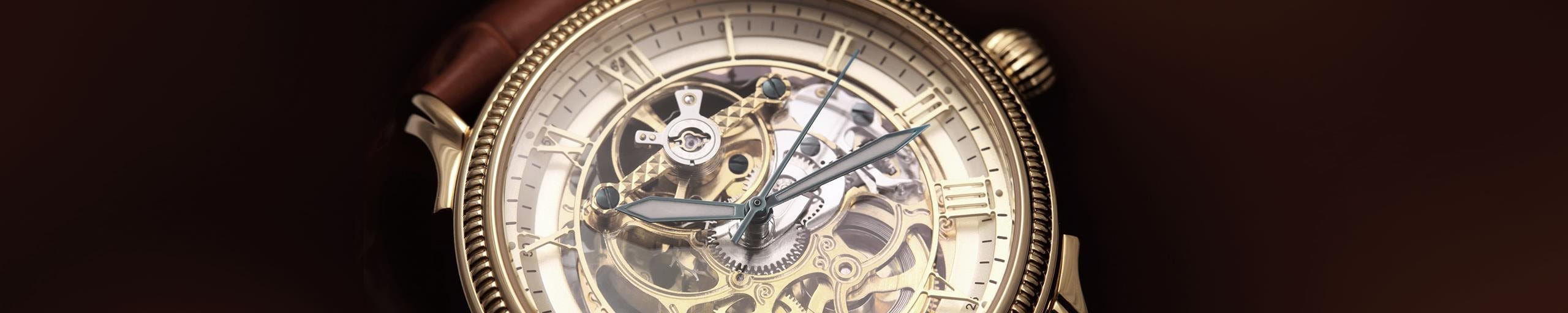 Eine Armbanduhr mit durchsichtigem Zifferblatt.